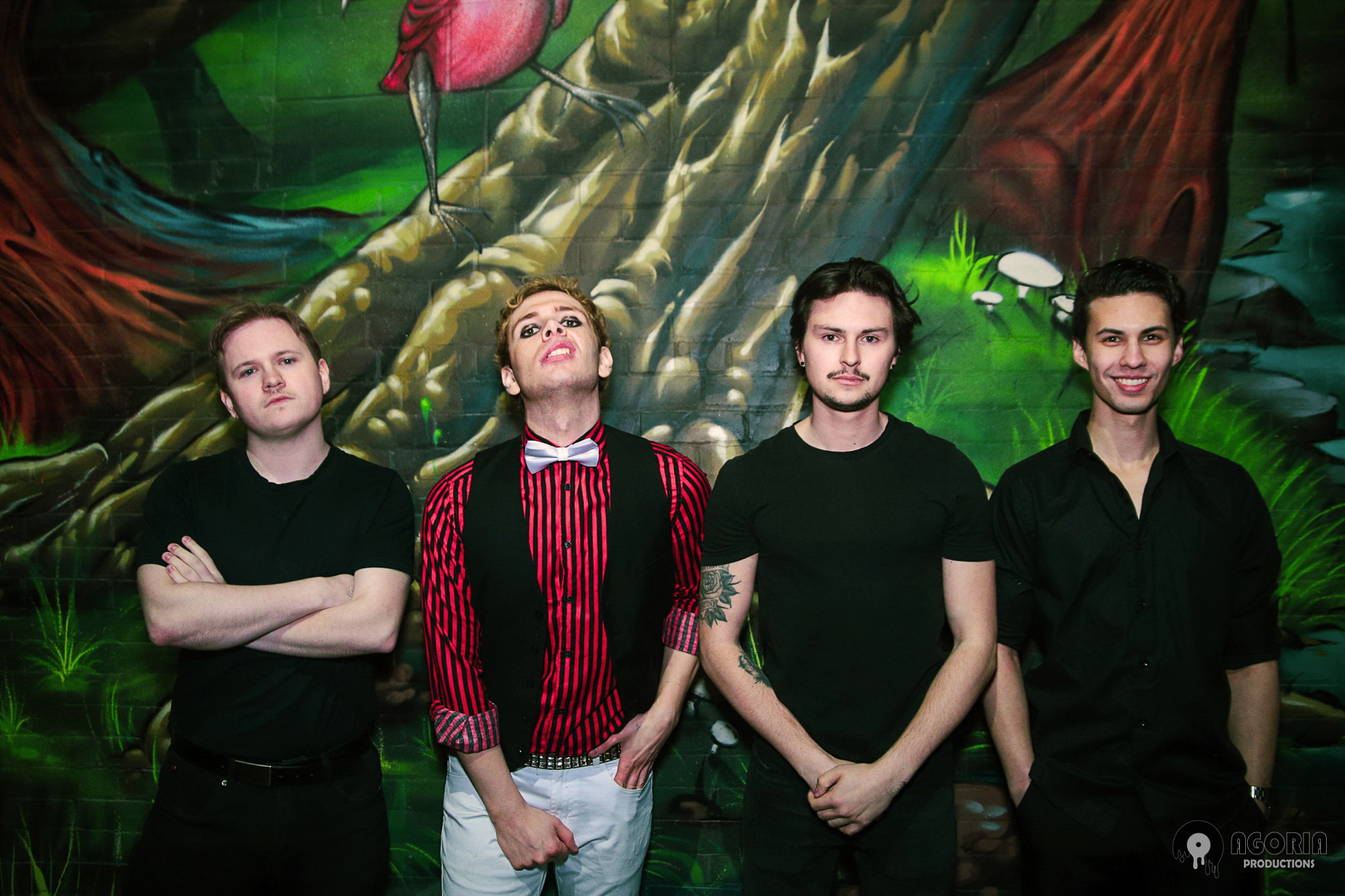 Fluffio & The RPC posed infton of graffiti wall. Ryan Preiano, Sean Winick, Tyler Twigger, Nick