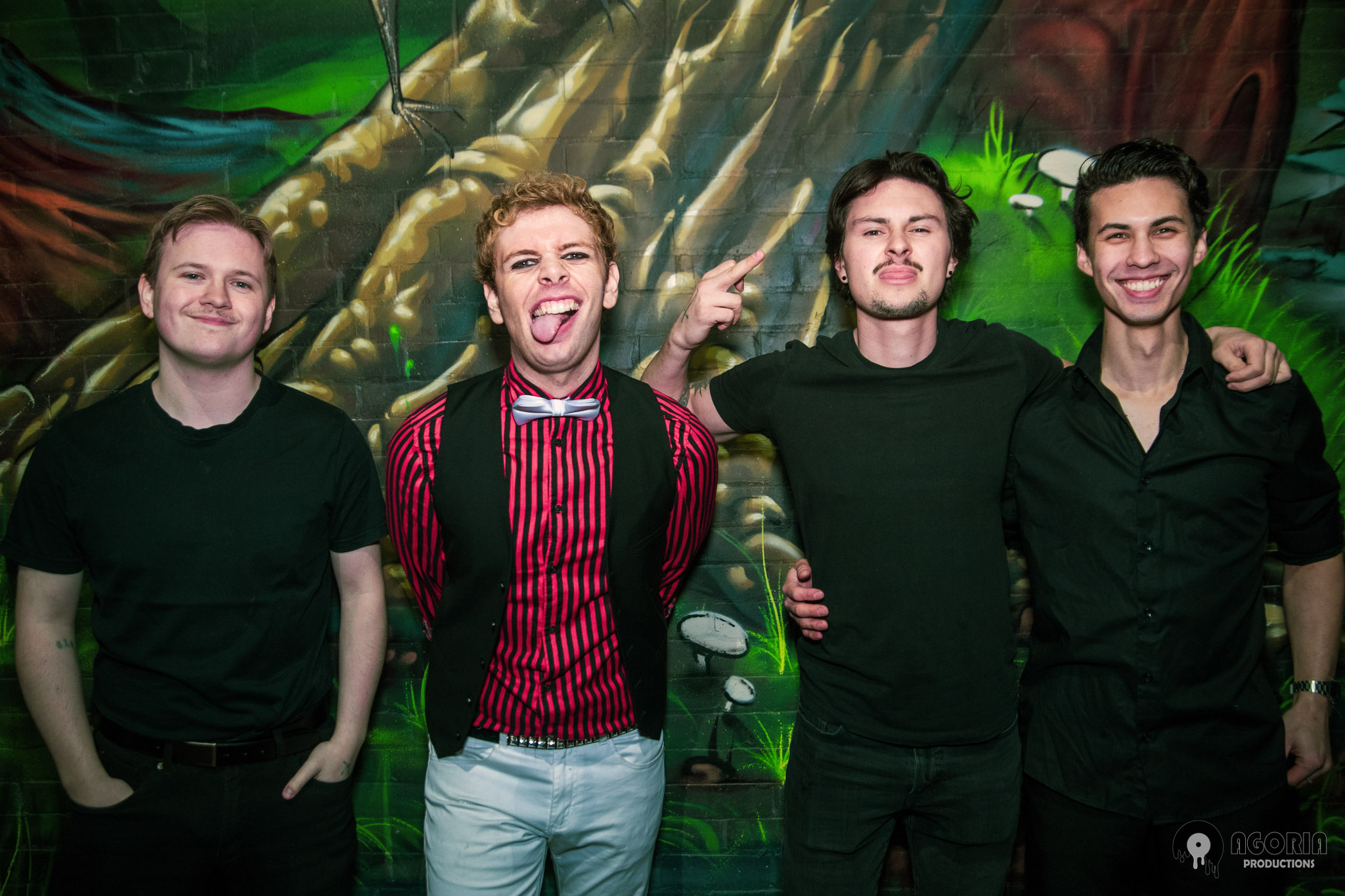 Fluffio & The RPC posed infton of graffiti wall. Ryan Preiano, Sean Winick, Tyler Twigger, Nick