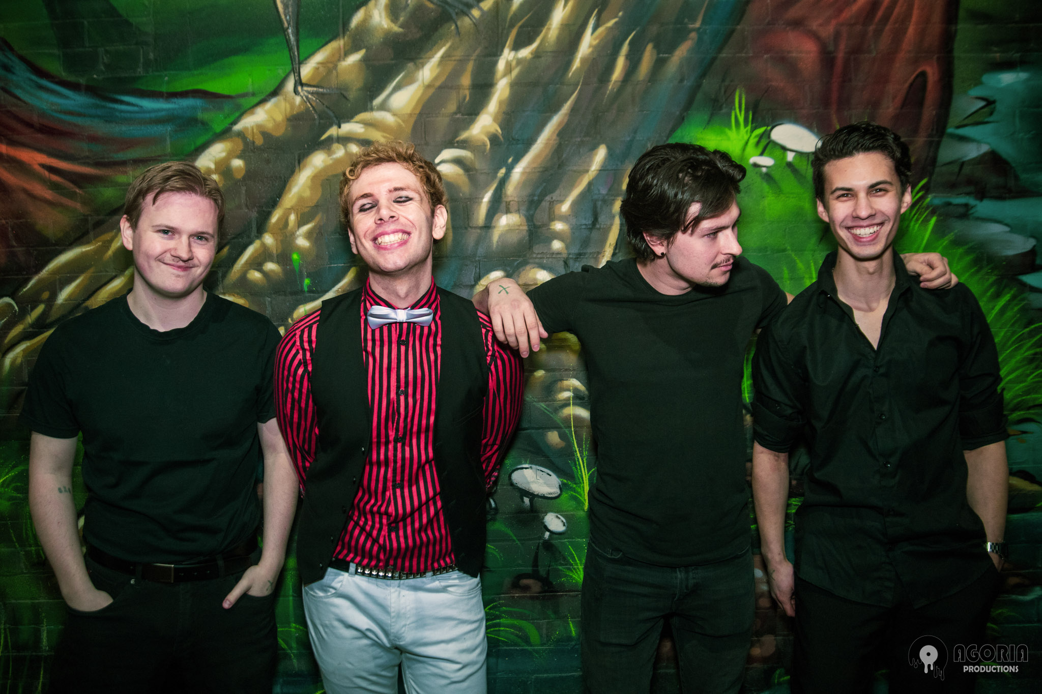 Fluffio & The RPC posed infton of graffiti wall. Ryan Preiano, Sean Winick, Tyler Twigger, Nick